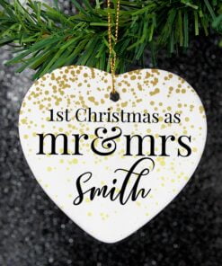 Personalised Mr and Mrs 1st Christmas Ceramic Heart Decoration