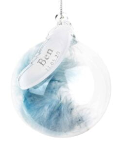 Personalised Name & Date Blue Feather Glass Bauble