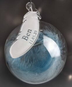 Personalised Name & Date Blue Feather Glass Bauble