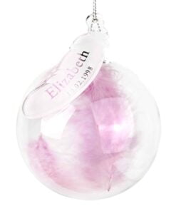 Personalised Name & Date Pink Feather Glass Bauble