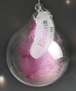 Personalised Name & Date Pink Feather Glass Bauble