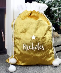 Personalised Name Only Gold Luxury Pom Pom Sack