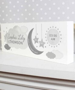 Personalised New Baby Moon & Stars Wooden Block Nursery Sign