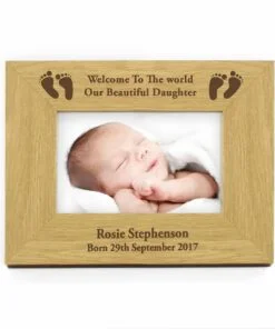 Personalised Oak Finish 6×4 Landscape Baby Footprints Photo Frame