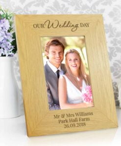 Personalised Our Wedding Day 4×6 Oak Finish Photo Frame