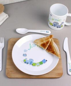 Personalised Patchwork Train 3 Piece Plastic Cutlery Set