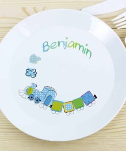 Personalised Patchwork Train Plastic Plate