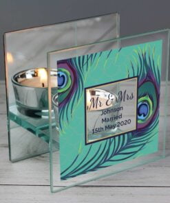 Personalised Peacock Mirrored Glass Tea Light Candle Holder