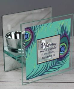 Personalised Peacock Mirrored Glass Tea Light Candle Holder