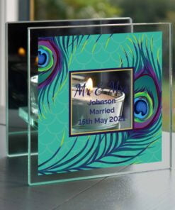 Personalised Peacock Mirrored Glass Tea Light Candle Holder