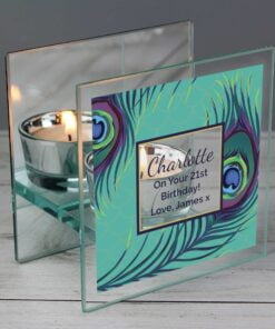 Personalised Peacock Mirrored Glass Tea Light Candle Holder
