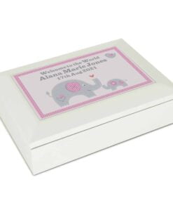 Personalised Pink Baby Elephant White Wooden Keepsake Box