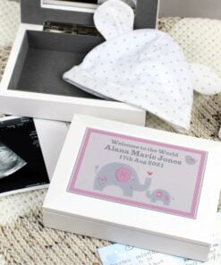 Personalised Pink Baby Elephant White Wooden Keepsake Box