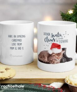 Personalised Rachael Hale Santa Claws Christmas Cat Mug