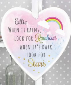 Personalised Rainbows and Stars Large Wooden Heart Decoration