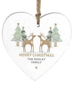 Personalised Reindeer Couple Wooden Heart Decoration