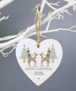 Personalised Reindeer Couple Wooden Heart Decoration
