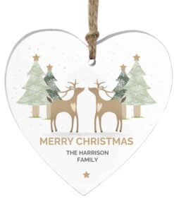 Personalised Reindeer Couple Wooden Heart Decoration