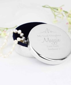Personalised Religious Swirls & Hearts Round Trinket Box