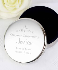 Personalised Religious Swirls & Hearts Round Trinket Box