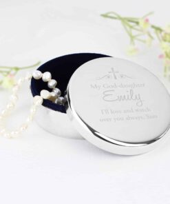Personalised Religious Swirls & Hearts Round Trinket Box