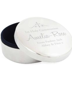 Personalised Religious Swirls & Hearts Round Trinket Box