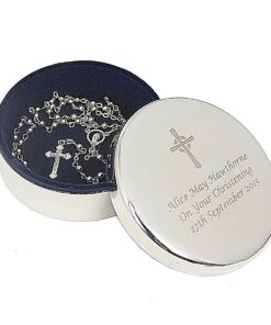 Personalised Rosary Beads and Cross Round Trinket Box