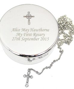 Personalised Rosary Beads and Cross Round Trinket Box