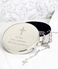 Personalised Rosary Beads and Cross Round Trinket Box