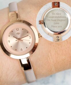 Personalised Rose Gold with Faux Leather Strap Ladies Watch