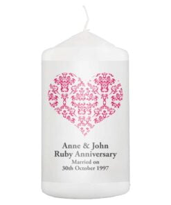 Personalised Ruby Damask Heart Pillar Candle