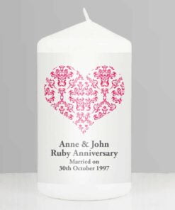 Personalised Ruby Damask Heart Pillar Candle
