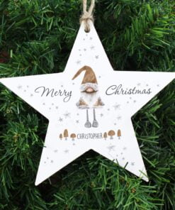 Personalised Scandinavian Christmas Gnome Wooden Star Decoration