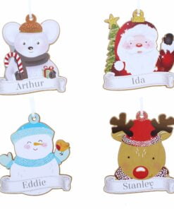 Personalised Set of Four Colourful Christmas Characters Wooden Hanging Decorations