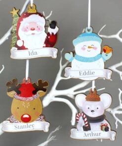 Personalised Set of Four Colourful Christmas Characters Wooden Hanging Decorations