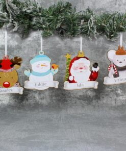 Personalised Set of Four Colourful Christmas Characters Wooden Hanging Decorations