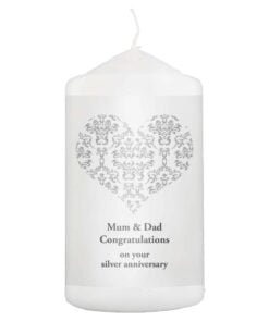 Personalised Silver Damask Heart Pillar Candle