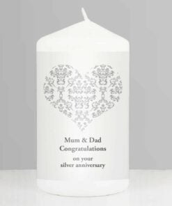 Personalised Silver Damask Heart Pillar Candle