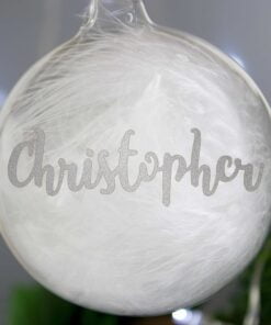 Personalised Silver Glitter Name Only Feather Glass Bauble