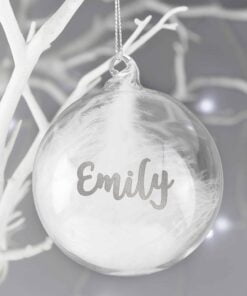 Personalised Silver Glitter Name Only Feather Glass Bauble