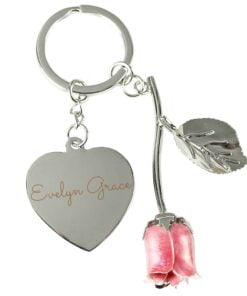 Personalised Silver Plated Name Pink Rose Keyring