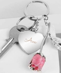 Personalised Silver Plated Name Pink Rose Keyring