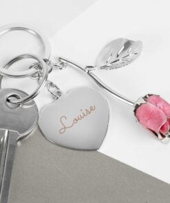 Personalised Silver Plated Name Pink Rose Keyring