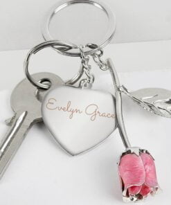 Personalised Silver Plated Name Pink Rose Keyring