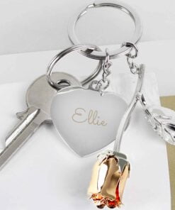 Personalised Silver Plated Name Rose Gold Rose Keyring