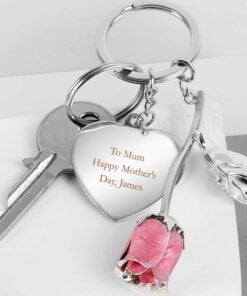 Personalised Silver Plated Pink Rose Keyring