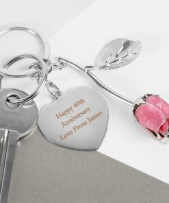 Personalised Silver Plated Pink Rose Keyring
