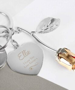 Personalised Silver Plated Swirls & Hearts Rose Gold Rose Keyring