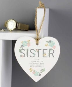Personalised Sister Floral Wooden Heart Decoration