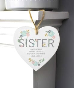 Personalised Sister Floral Wooden Heart Decoration
